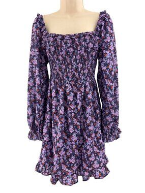 Dress Up‎ Purple Floral Square Neck Smocked Long Sleeve Ruffle Dress Size M New
